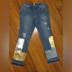 Indigo Thread Co.Blue,Gold,Silver Metallic Painted Distressed Jeans. Gently Worn